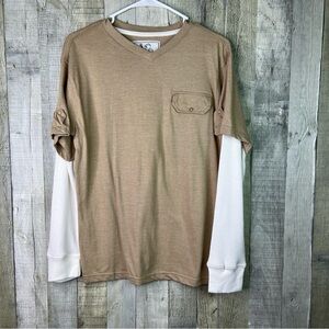 Panyc Large (14/16) T-Shirt Long Sleeve V-Neck Thermal Tan Cream Snap Pockets